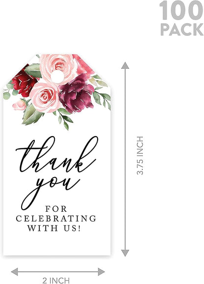 Andaz Press 100-Pack Thank You for Celebrating with Us Favor Tags Pink Burgundy Florals Cardstock Gift Tags with Bakers Twine for Wedding Baby Shower Bridal Shower Party Favors 2 x 3.75-Inches