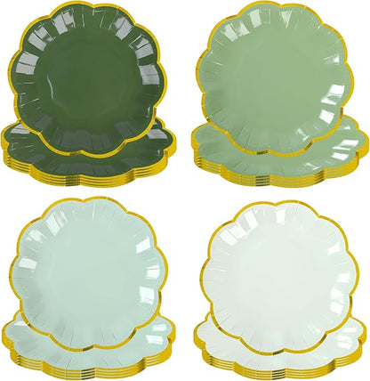 Sage Green Party Plates Gradient Green Dessert Paper Plate 7inch Gold Foil Scalloped Edge Disposable Cake Plates for Christmas Birthday Bridal Baby Shower Wedding Party Supplies (48)