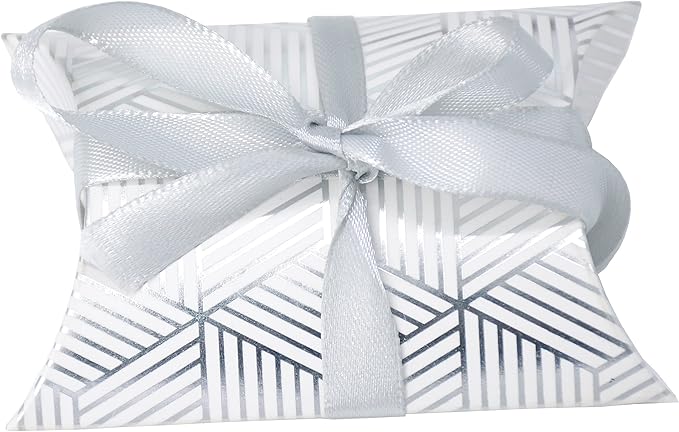 Aokbean 100 Pack Mini Pillow Candy Box Small Gift Boxes with 50 Yards Ribbon for Christmas Wedding Party Favor Gift, Jewelry or Soap Packaging (Silver Stripes)