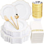 COLOSUS 175pcs Plastic Party Plates Disposable Plastic Dinnerware set. 25guests White Gold Dinner & Dessert Plates with Silverware Cups and Napkins for Party Dinner and Wedding