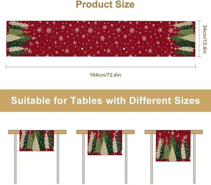 Merry Christmas Table Runner,Red Christmas Tree Snowflake Winter Seasonal Table Cloth Kitchen Dining Table Decoration for Home Party Decor 13x36 Inch