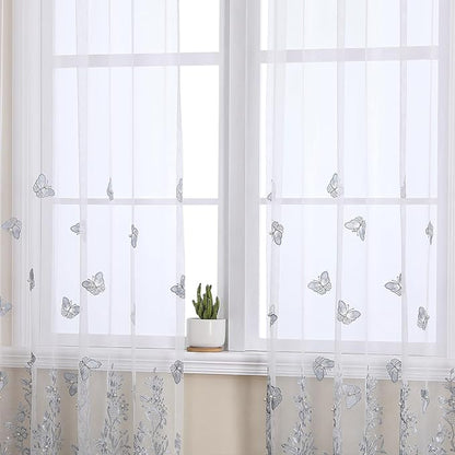 VISIONTEX White Sheer Voile Curtains, Decorative Blue Embossed Butterflies Rod Pocket Window Drapes for Home Kitchen, Living Room and Bedroom 54 x 95 Inch, Set of 2 Curtain Panels