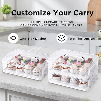 Two Tier Cupcake Carrier, White Stackable Cupcake Holder Carries for 24 Standard-Size Cupcakes, Reusable Detachable Cupcake Box