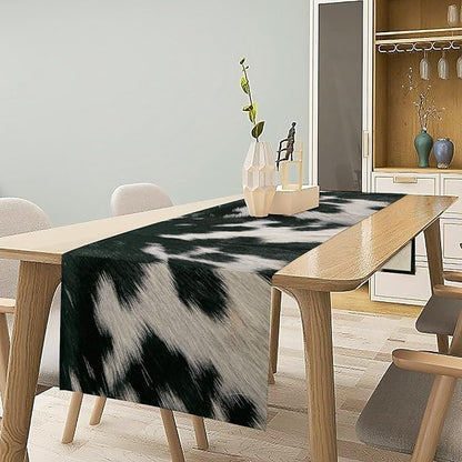 Cow Skin Print Table Runner, Rustic Country Farm Fur Skin Cowhide Pattern Western Style Black White Print Table Runner for Home Kitchen Dinning, 13x108 Inch