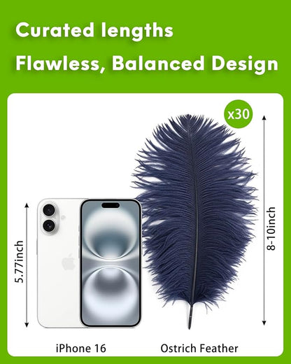 NEWONG 30pcs Navy Blue Ostrich Feathers Natural Bulk 8-10inch(20-25cm) Vase Craft Wedding Home Party Centerpieces Christmas Day Decoration