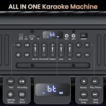 Karaoke Machine with 2 Wireless Microphones, 【Dual 60W 6.5"Subwoofer & 400W Peak】Big Loud Bluetooth Party Speaker with Disco Lights, Portable PA System with TWS Stereo Sound & Deep Bass, Gift for All