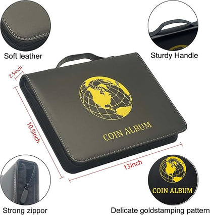 Fireproof Coin Currency Collection Album Book for Collectors, 360 Pockets and 15 Sleeves Paper Money Collecting Album for Coin Currency Collection Supplies, Stamp, Bill