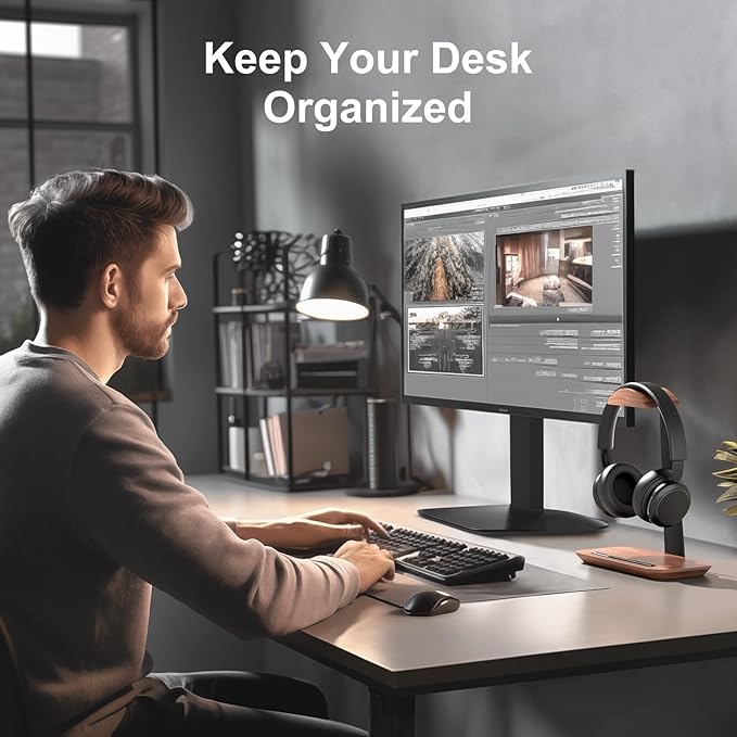 UPERGO Walnut Headphone Stand, Wood Headset Stand for Desk, Universal Headphone Holder with Storage Base for Gaming, Airpod max, Bose,Razer