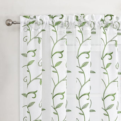 VISIONTEX Embroidered Green Sheer Voile Curtains, Leaves Embroidery Faux Linen Rod Pocket Window Drapes for Living Room and Girls Bedroom 54 x 84 Inch, Set of 2 Curtain Panels