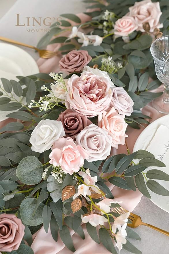 Ling's Moment Flower Garland - 6FT Eucalyptus & Rose - Pink Sweetheart Table Decor for Wedding Reception, Artificial Floral Garland for Mantle, Thanksgiving, Christmas Decoration, Dusty Rose
