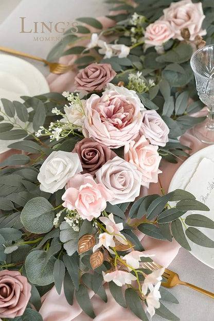 Ling's Moment Flower Garland - 6FT Eucalyptus & Rose - Pink Sweetheart Table Decor for Wedding Reception, Artificial Floral Garland for Mantle, Thanksgiving, Christmas Decoration, Dusty Rose