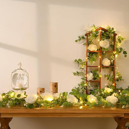 Dolicer 2Pcs 13Ft Artificial Eucalyptus Garlands with Flowers - 8 Roses, Faux Floral Greenery Garlands with 13Ft String Lights Fake Flower Vines for Wedding Table Centerpieces Arch Party Decor (White)