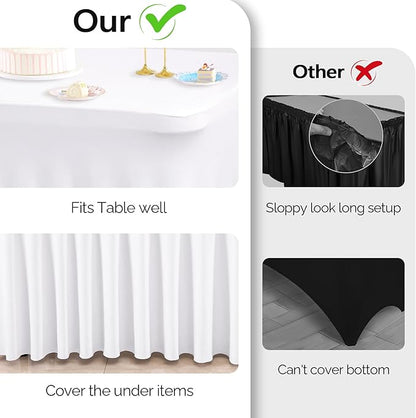 Wish Care 6 Pack White Spandex Table Clothes for 6 Foot Rectangle Tables, 6FT Wrinkle Free Fitted Tablecloths Ruffles Design Table Cover for Party, Banquet, Wedding and Events