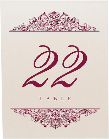 Paisley Wedding Table Numbers (Select Color/Quantity), Champagne, Burgundy, 1-30, Double Sided, Tent or Use in a Stand, Great for Parties & Restaurants - Made in the USA
