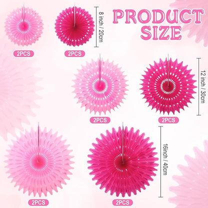 Outus 12 Pcs Hanging Honeycomb Paper Fans Sets, Fiesta Hot Pink Party Decorations, Tissue Paper Flowers Supplies for Birthday Wall Classroom Wedding Photo Backdrop (8/12/16 Inch)