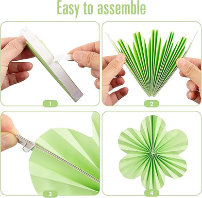 SUNBEAUTY Paper Flowers Decorations for Wall Paper Fans Classroom Decoration Paper Floral Backdrop Decor Paper Fans Decoration Hanging Paper Fans Green Flower Wall Decor,Set of 9