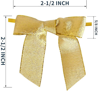 50pcs 2-1/2" Metallic Gold Bows for Crafts Pretaied Christmas Bows for Decoration with Twist Ties Hot Cut Tails(W.Gold)