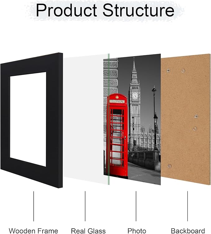 5x7 Picture Frame Set of 4, High Definition Glass Black Picture Frame, 5 x 7 Wood Rustic Photo Frames for Horizontal or Vertical Table Top and Wall Mounting