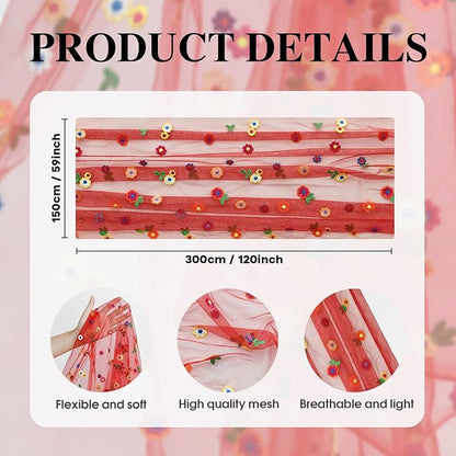Artoid Mode 3PCS Red Embroidery Daisy Gauze Table Runner 120 Inch 10FT, Seasonal Sheer Dining Holiday Wedding Birthday Table Decor for Home Party