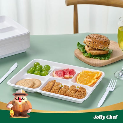 JOLLY CHEF Compostable 𝟱 Compartment Paper Plates 𝟭𝟭 * 𝟴 𝗶𝗻𝗰𝗵 [𝟱𝟬𝟬 𝗣𝗮𝗰𝗸] Heavy Duty White Divided Disposable Plate Eco-Friendly Biodegradable Container Food Trays for Party Lunch Buffet
