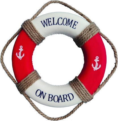 MorroMorn Lifebuoy Wall Hanging Decor - Welcome Aboard Mediterranean Style Home Decoration Hemp Rope (Red, 14")