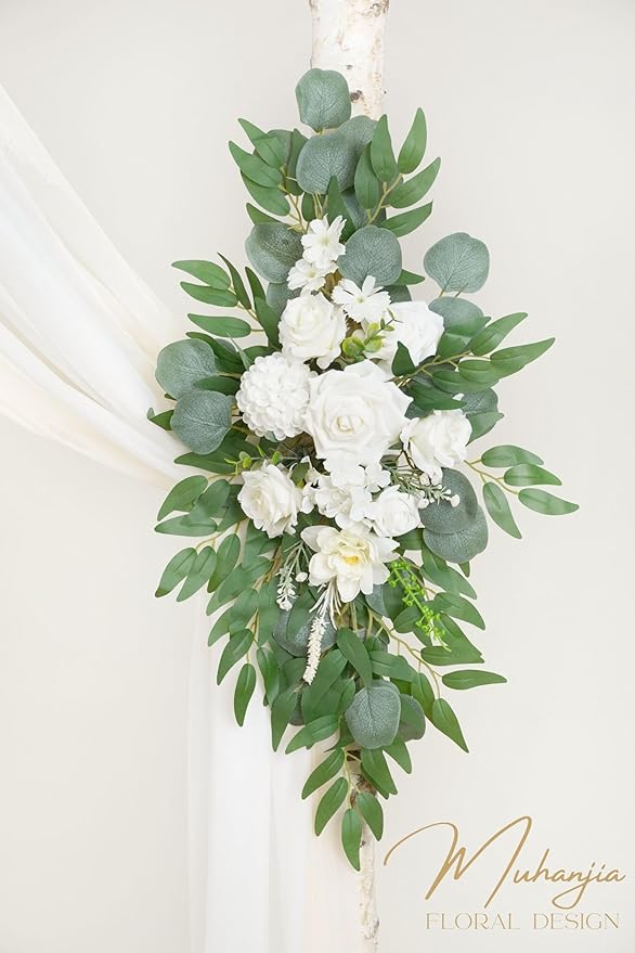 Artificial Arch Flowers Kit(Pack of 4),2Pcs Artificial Flower Arch Decor, 2Pcs Drapes, Ceremony and Reception Background Rose Decoration, White Champagne Floral Party and Outdoor Decor