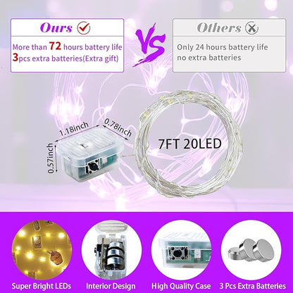 24 Pack Purple Fairy Lights 7Ft 20 LED Twinkle String Lights 3 Modes Battery Operated Waterproof Firefly Starry for Mason Jar Party Wedding Christmas Valentines Day Table Centerpieces