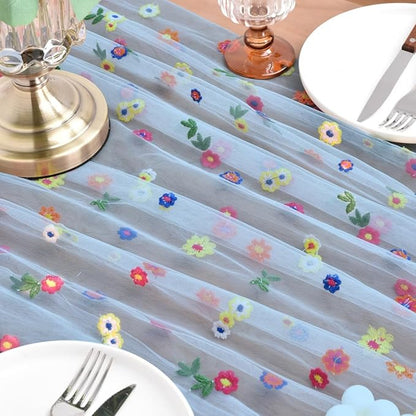 Joanlody 3pcs Blue Embroidery Daisy Fall Thanksgiving Table Runner Florals Seasonal Tulle Table Runner Holiday Kitchen Dining Table Decoration Wedding Party