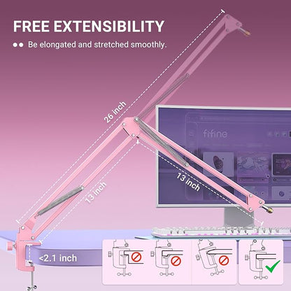 FIFINE Boom Arm Mic Stand, Microphone Arm with Desk Mount for Podcast Streaming Gaming Home Studio, Metal Suspension Scissor Boom Mic Stand-CS1 Pink