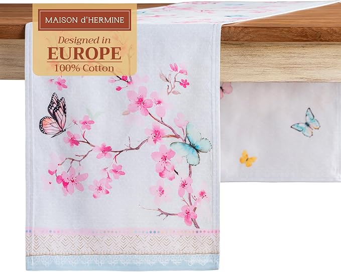 Maison d' Hermine Table Runner 100% Cotton Double Layer Table Runners 108 inches Long Decorative for Home Kitchen Dining Party Wedding Bridal Shower Spring Summer (Blossoms in Spring, 14.50" x 108")