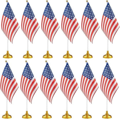 Juvale Mini American Flag Decor Set - 12-Pack 8 x 5.5in Flags on 12in Poles with Gold Base - Patriotic Table Decorations & Party Supplies for Desk & Office