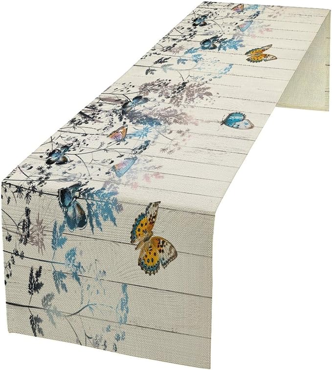 Nature Dandelion Table Runner,Rustic Floral Wood Plank Butterfly Girl Women Pattern Print Burlap Tablecloth for Hotel Indoors Outdoor Dining Room Kitchen Table Decor, 13x70in