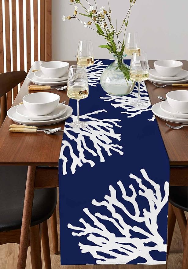 Coastal Coral Cotton Linen Table Runner for Dining Kitchen, Wedding Outdoor Party Tablerunners Decoration, Navy Blue Nautical Ocean Beach Dresser Scarf Coffee Tablecloth Runners 13x90 Inches