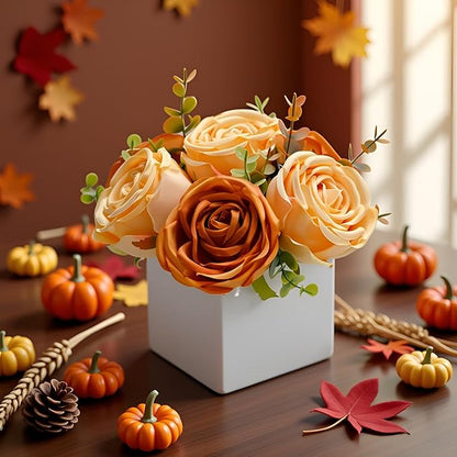 LADADA Artificial Roses in White Ceramic Vase, Orange and Cream Fake Flowers with Eucalyptus Stems, Faux Floral Arrangement for Home Decor, Table Centerpiece for Dining Table, Kitchen, Office