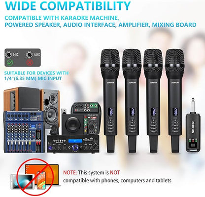 4 Rechargeable Wireless Microphones, Pro Handheld Cordless Mics System with Echo Treble BASS VOL Control for Karaoke Singing Church Party, 1/4'' Output, Black