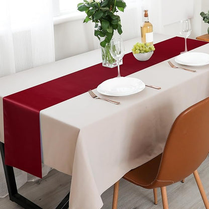 Aneco 12 Pack Satin Table Runner 12 x 108 Inch Burgundy Long Wedding Satin Silk Table Runner for Wedding Banquet Graduations Birthday Party Decoration
