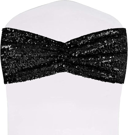 SquarePie Pack of 100 Chair Sashes Sparkly Black Sequin Bands for Wedding Party Banquet Home Decor