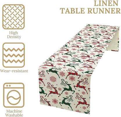 Christmas Table Runner,Christmas Plaid Deer Print Farmhouse Table Cloth Kitchen Dining Table Decoration for Home Party Decor 13x60 Inch