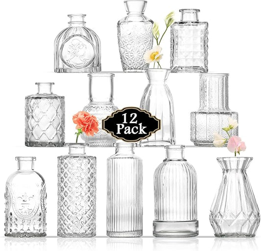 Bud Vases Set of 12, Small Glass Vases for Centerpieces, Small Flower Vases for Centerpieces, Vintage Mini Vase, Clear Bud Vase for Wedding Table Decor