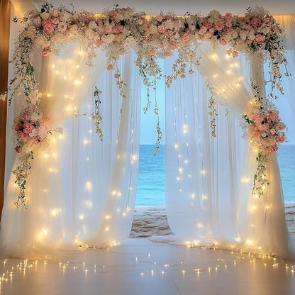 Tulle Backdrop Curtain with Lights String 10FT X 8FT Ivory Sheer Tulle Backdrop Curtains for Wedding Birthday Party Reception Photo Booth Background Decorations (2 Panels 5x8FT)