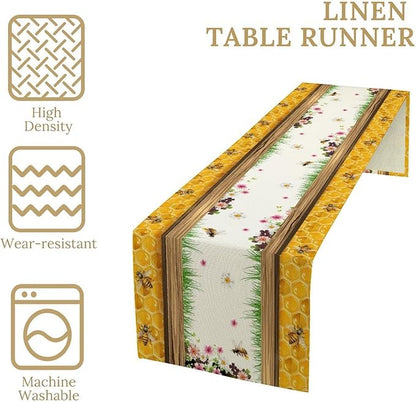 Watercolor Honeycomb Table Runner, Farmhouse Spring Summer Autumn Fall Floral Daisy Bee Print Kitchen Dining Table Decoration for Home Party Decor, 13x70inch