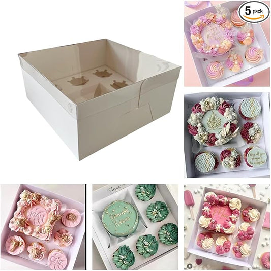 Bento Cake and Cupcake Box 10 sets 6-inch Cake and 5 Cupcakes Box Cake Box with Cupcake Insert Easy to Assemble Base for Family Birthday Party Mother's day (10 sets with cupcake), white