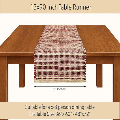 Chardin home Natural Jute Table Runner 13x90 Inch – Vintage Boho Rustic Table Decor – Handwoven Table Runner in Natural Jute and Red – Farmhouse Dining or Console Table Accent
