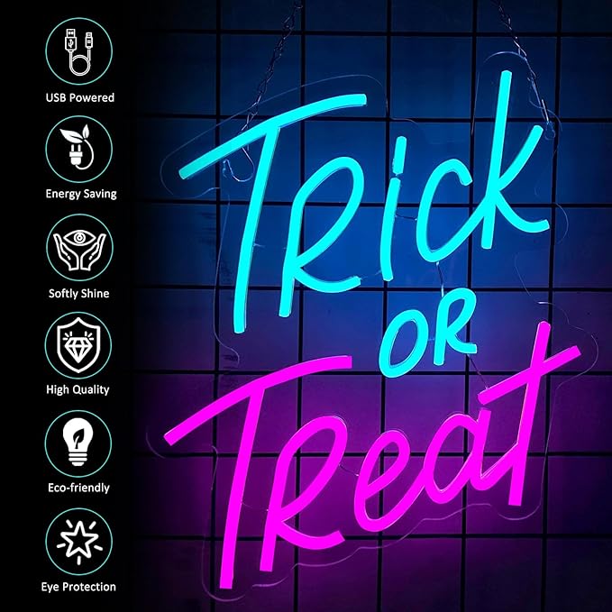 Trick or Treat Neon Sign Halloween, USB Halloween Neon LED Light for Wall Decor, Trick or Treat Halloween Sign Decorations for Home Bar Salon Coffee Stores Porch Front Door