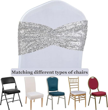 SquarePie Pack of 100 Chair Sashes Bows Sparkly Silver Sequin Chair Bands for Wedding Party Banquet Home Decor