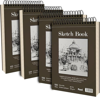 9 x 12 inches Sketch Book, Top Spiral Bound Sketch Pad, 4 Pack 100 Sheets Each (68lb/100gsm), Acid Free Art Sketchbook Artistic Drawing Painting Writing Paper for Kids Adults Beginners Artists