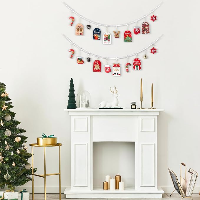 Mkono Hanging Photo Display with Clips, Boho Wooden Bead Garland Banner, Collage Card Picture Kids Art Holder String with 10 Clips for Christmas Bedroom Dorm Decor, Teen Girl Gifts, White, 2 Pack