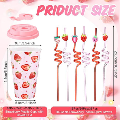 Yungyan 16 Sets Strawberry Party Favors Goodie Cups with Lids and Straws for Birthday Decorations Reusable 16oz Plastic Candy Cups Plastic Straws for Birthday Party (Strawberry)
