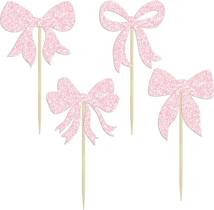 Gyufise 36Pcs Bow Cupcake Toppers Glitter Girls Birthday Decorations Bowknot Cupcake Picks Bow Tie Birthday Decorations Bow Cake Toppers for Bridal Baby Shower Bachelorette Party Supplies Light Pink