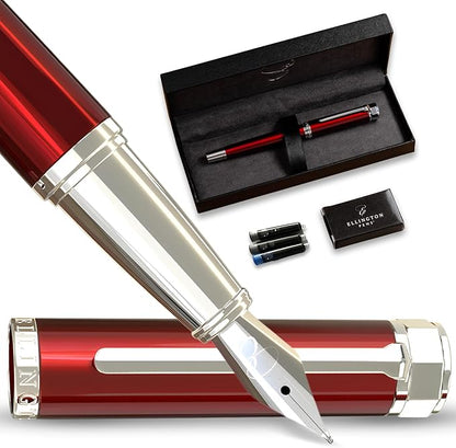 Ellington Pens Luxury Fountain Pen Set- Fountain Pens for Writing - Smooth Medium Nib - Includes Refillable Ink Converter, 3 Ink Cartridges [Black & Blue], Gift Box - Elegant Calligraphy